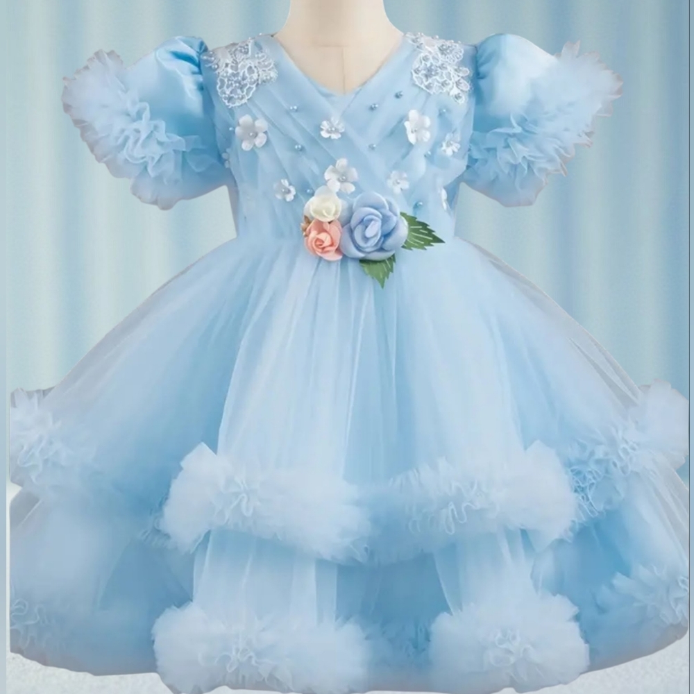 Blue Ruffled Dress with Floral Accents